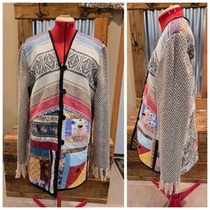 Upcycled Patch Blanket Coat L Open Back Handmade Dont Throw It Out